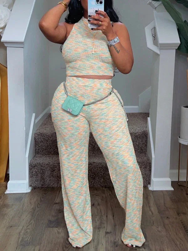 Women's Printed Sleeveless Tank Top & Wide-Leg Pants Set