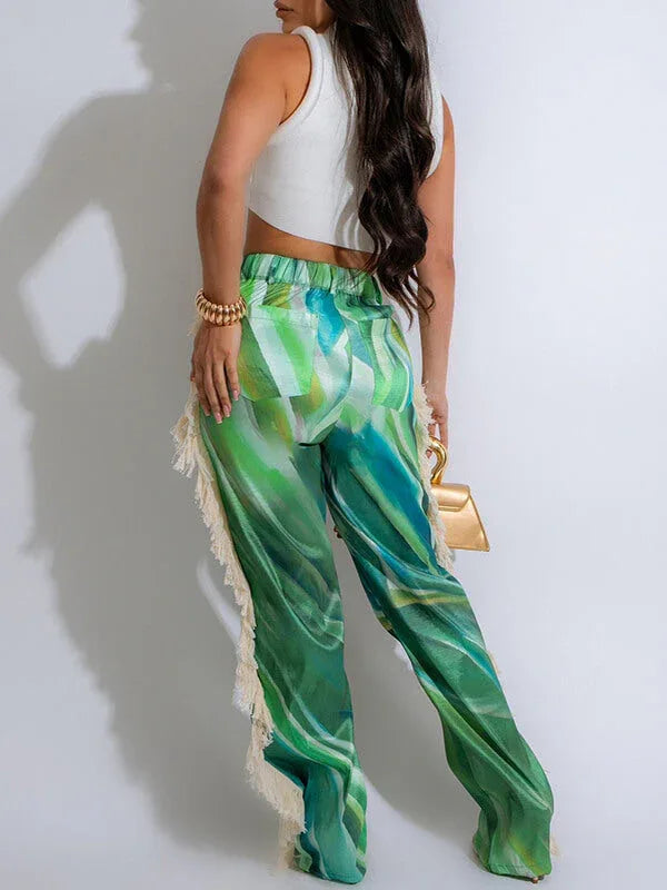 Women's Boho Fringe Patchwork Printed Wide-Leg Pants