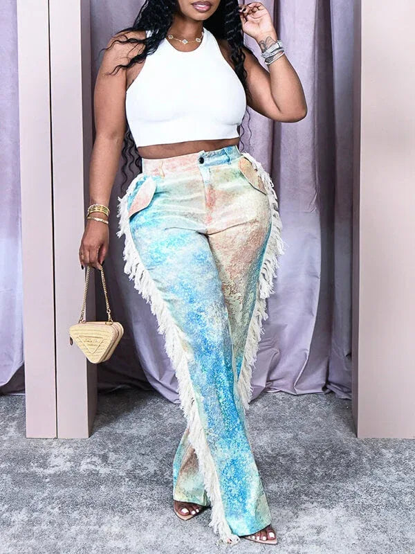 Women's Boho Fringe Patchwork Printed Wide-Leg Pants