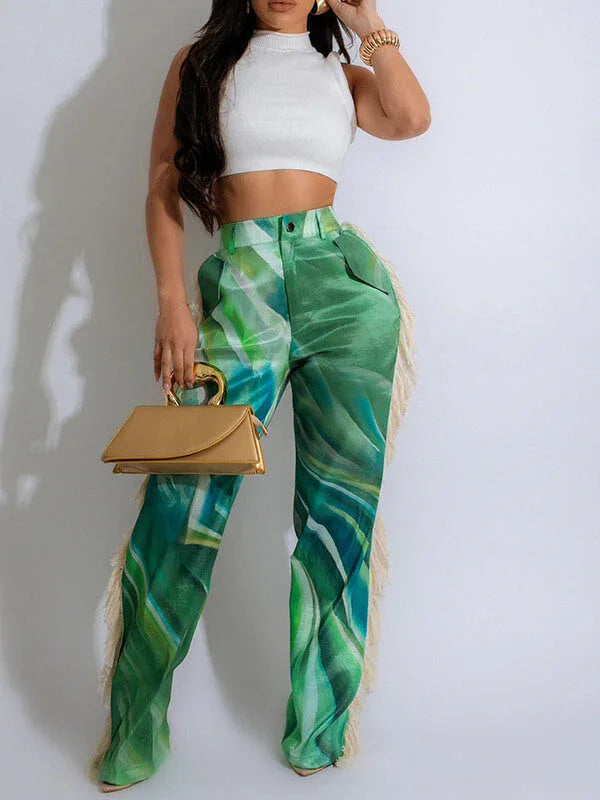 Women's Boho Fringe Patchwork Printed Wide-Leg Pants