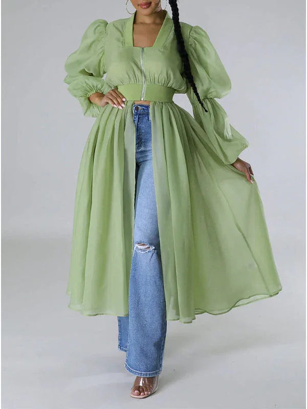 Women's Zip-Front Patchwork Relaxed Long Tunic Top