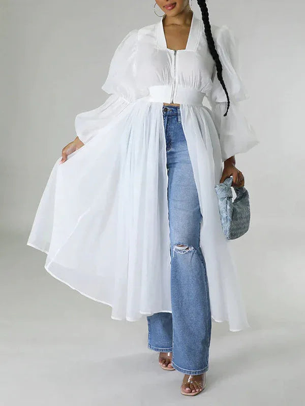 Women's Zip-Front Patchwork Relaxed Long Tunic Top
