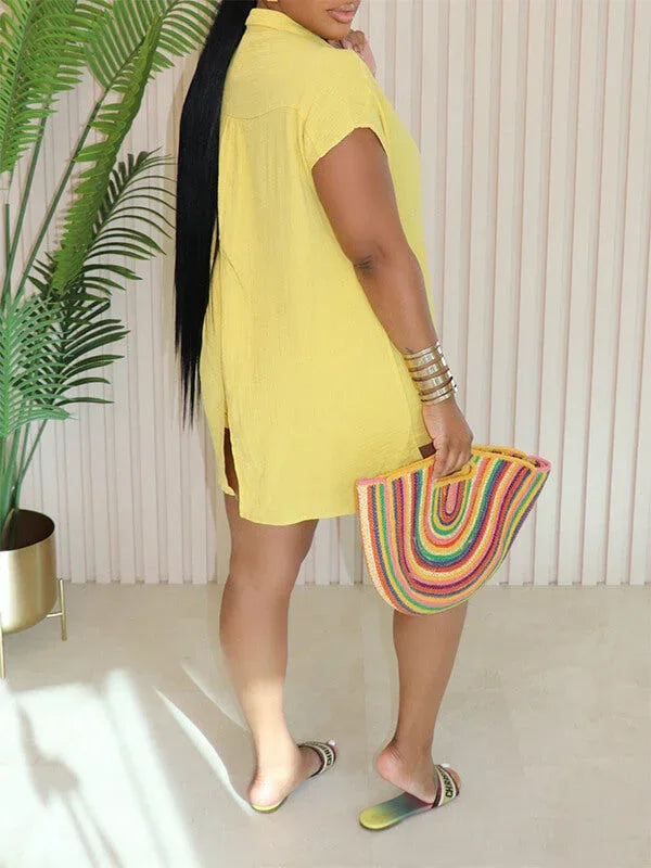 Women's Solid Side-Slit Shirt & High-Waist Shorts Set