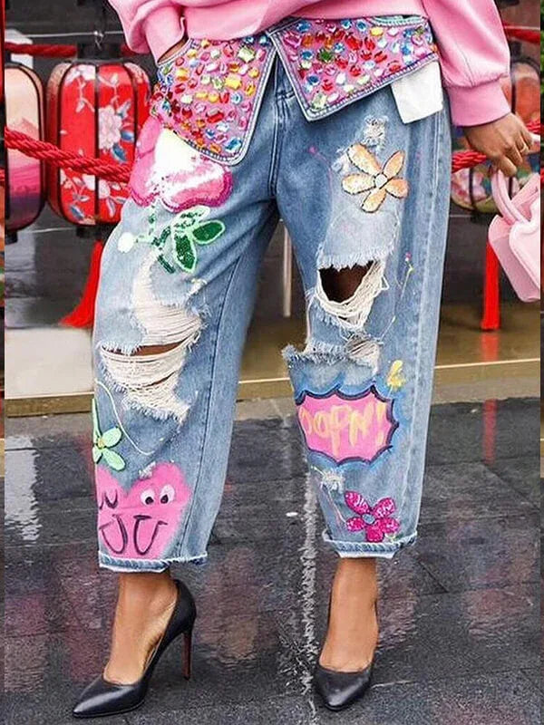 Women's Studded Embellished Ripped Distressed Straight Jeans