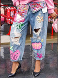 Women's Studded Embellished Ripped Distressed Straight Jeans