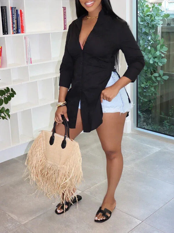 Women's Solid Side-Slit Relaxed Long Tunic Shirt