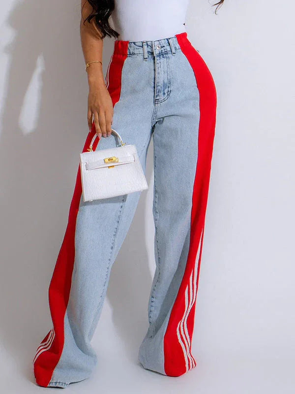 Women's Side Stripe Contrast Straight-Leg Denim Jeans