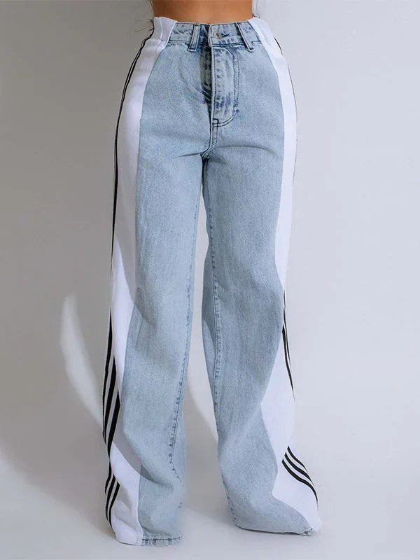 Women's Side Stripe Contrast Straight-Leg Denim Jeans
