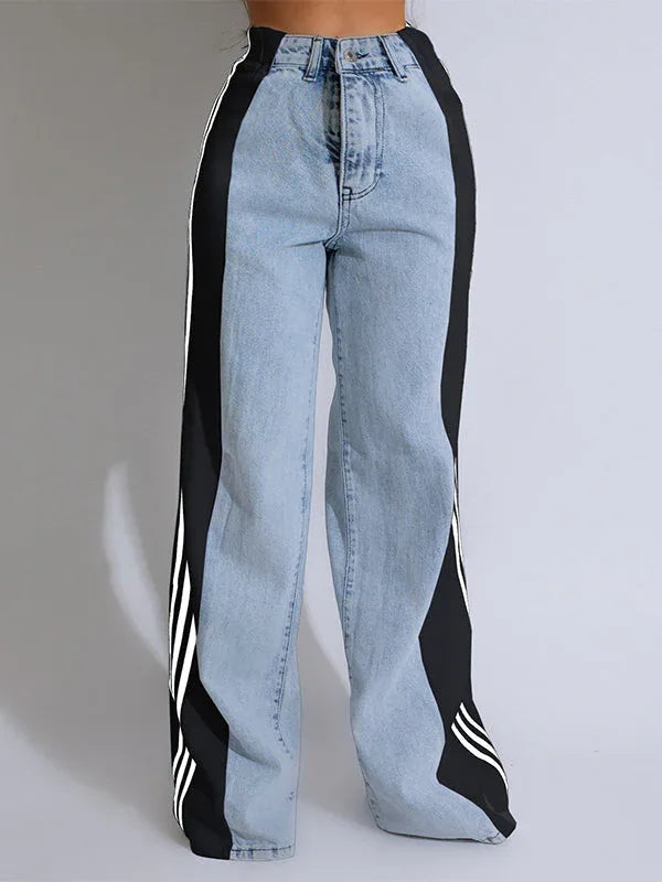 Women's Side Stripe Contrast Straight-Leg Denim Jeans