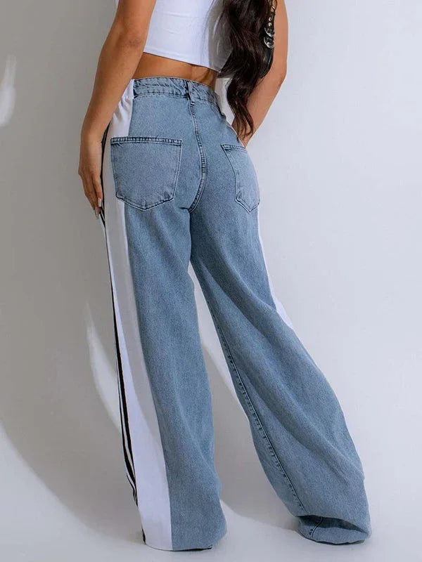 Women's Side Stripe Contrast Straight-Leg Denim Jeans