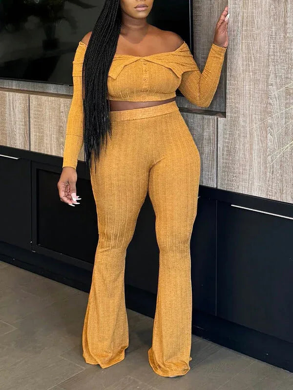 Women's Off-Shoulder Button-Front Top & Wide-Leg Pants Set