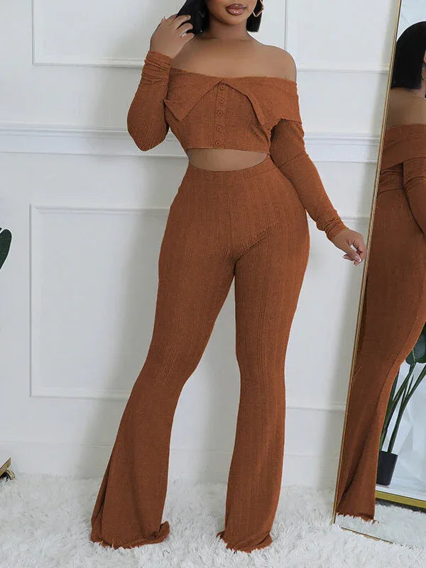Women's Off-Shoulder Button-Front Top & Wide-Leg Pants Set