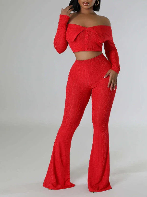 Women's Off-Shoulder Button-Front Top & Wide-Leg Pants Set
