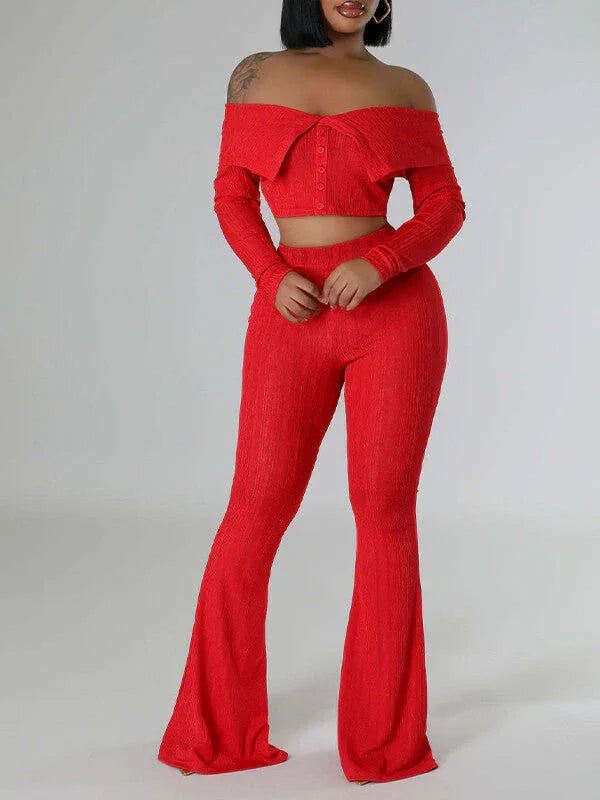 Women's Off-Shoulder Button-Front Top & Wide-Leg Pants Set