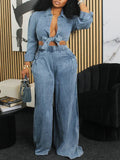 Women's Tied-Front Casual Shirt & High-Waist Wide-Leg Pants Set
