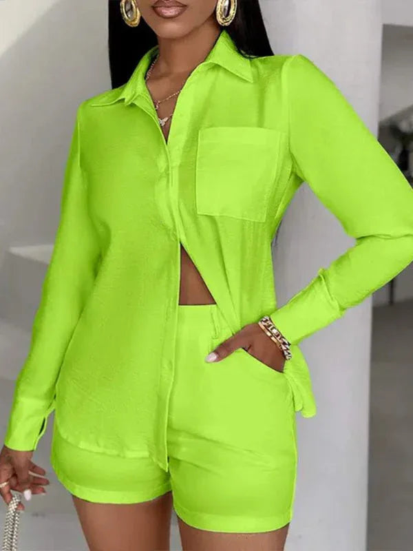 Women's Solid Button-Down Shirt & High-Waist Shorts Set