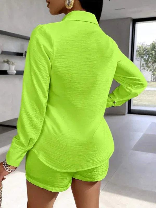 Women's Solid Button-Down Shirt & High-Waist Shorts Set
