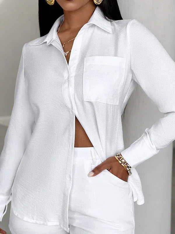 Women's Solid Button-Down Shirt & High-Waist Shorts Set