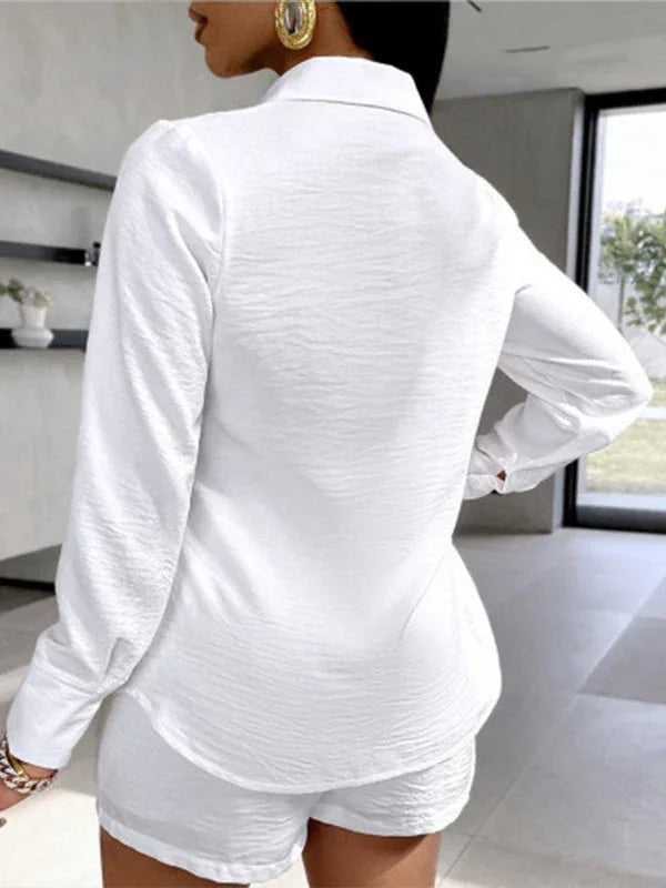 Women's Solid Button-Down Shirt & High-Waist Shorts Set