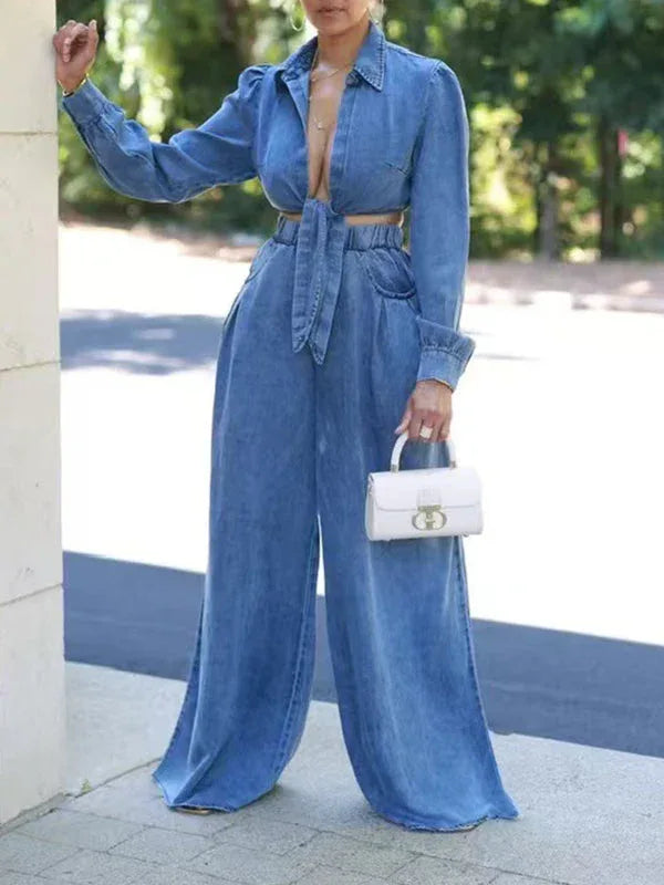 Women's Denim Tied-Front Shirt & Flowy Wide-Leg Pants Set