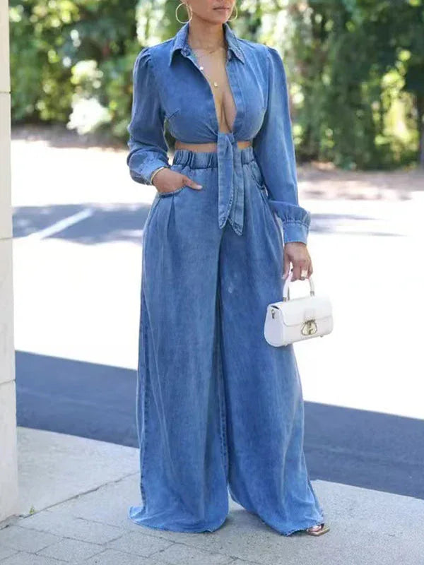 Women's Denim Tied-Front Shirt & Flowy Wide-Leg Pants Set