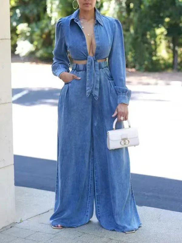 Women's Denim Tied-Front Shirt & Flowy Wide-Leg Pants Set