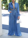 Women's Denim Tied-Front Shirt & Flowy Wide-Leg Pants Set