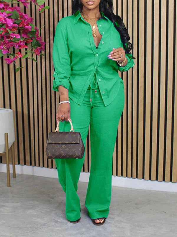 Women's Solid Button-Down Shirt & High-Waist Straight Pants Set