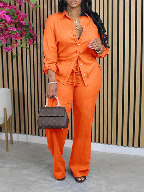 Women's Solid Button-Down Shirt & High-Waist Straight Pants Set