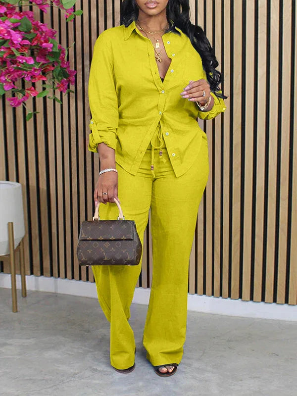 Women's Solid Button-Down Shirt & High-Waist Straight Pants Set