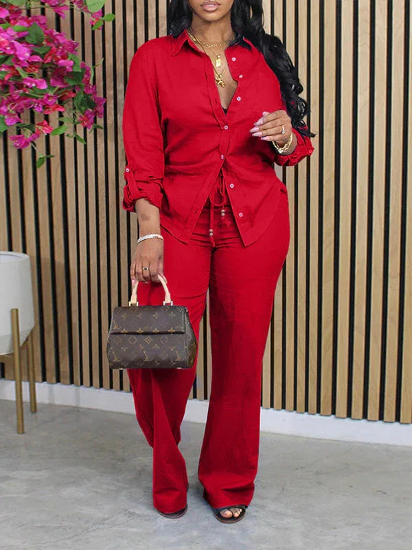 Women's Solid Button-Down Shirt & High-Waist Straight Pants Set