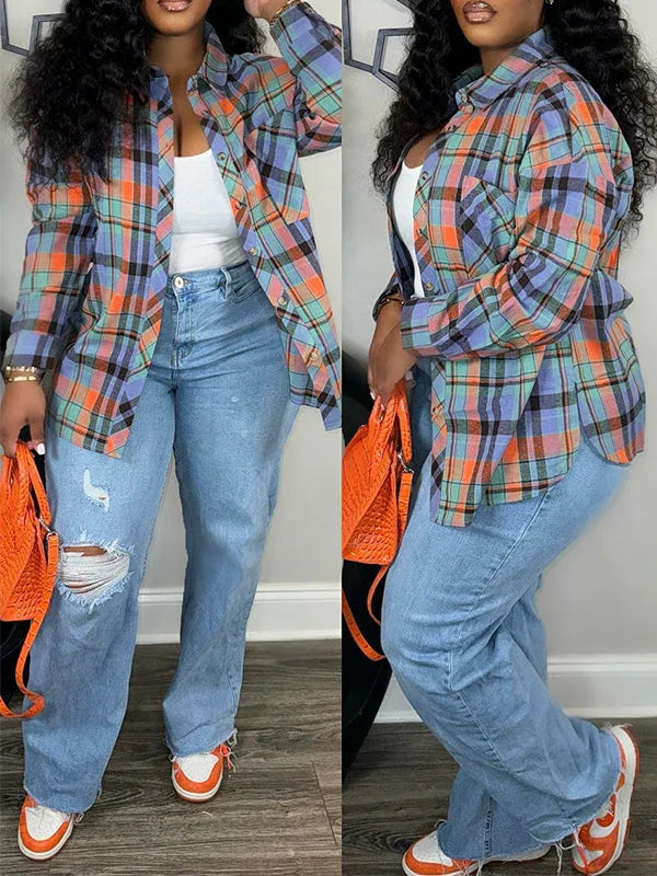 Women's Plaid Casual Button-Down Shirt Jacket