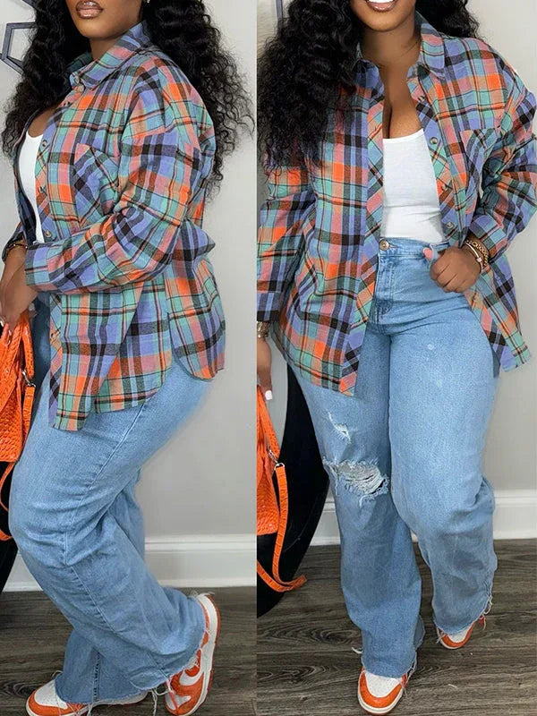 Women's Plaid Casual Button-Down Shirt Jacket