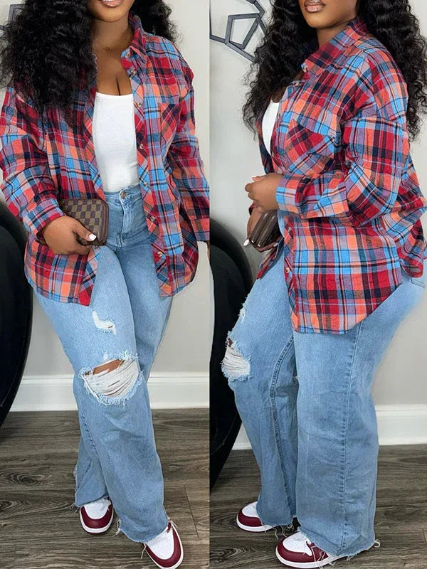 Women's Plaid Casual Button-Down Shirt Jacket