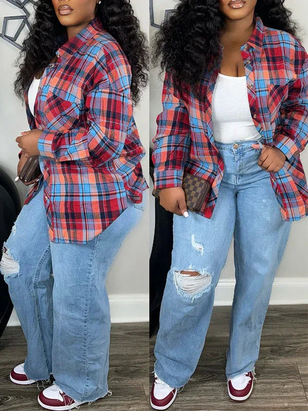 Women's Plaid Casual Button-Down Shirt Jacket