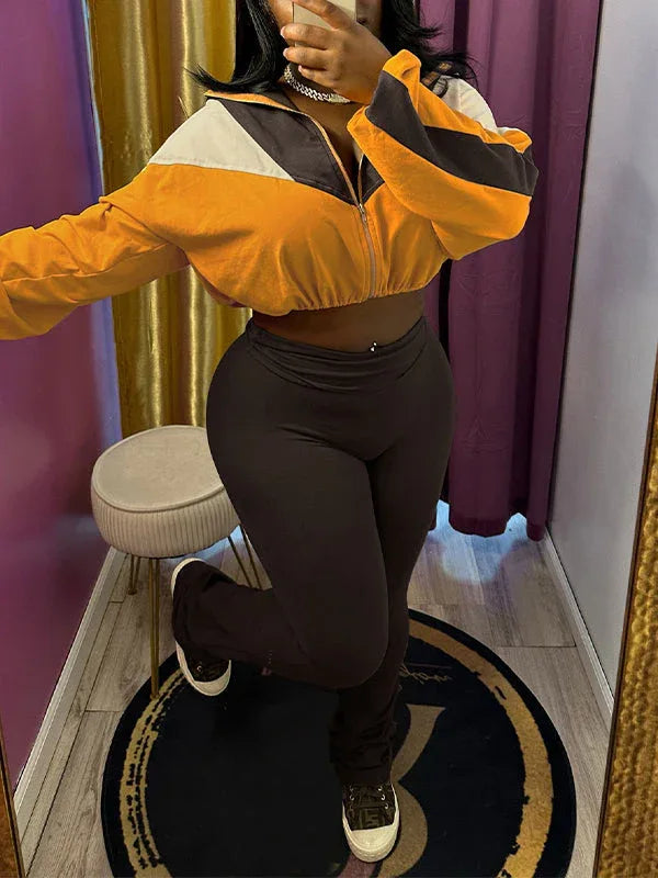 Women's Colorblock Zip-Front Crop Top & Straight Pants Set