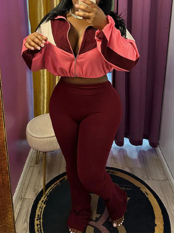 Women's Colorblock Zip-Front Crop Top & Straight Pants Set