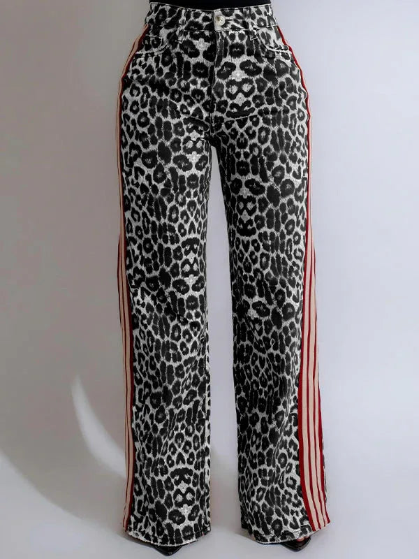 Women's Leopard Print Side-Stripe Slim-Fit Pants