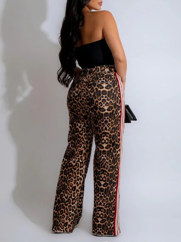 Women's Leopard Print Side-Stripe Slim-Fit Pants