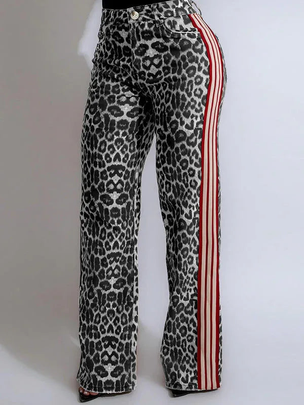 Women's Leopard Print Side-Stripe Slim-Fit Pants