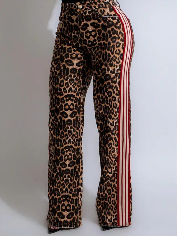 Women's Leopard Print Side-Stripe Slim-Fit Pants