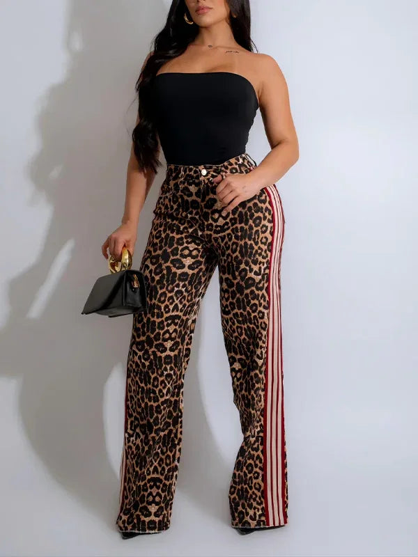 Women's Leopard Print Side-Stripe Slim-Fit Pants