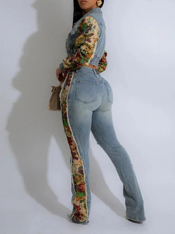 Women's Printed Patchwork Denim Jacket & Wide-Leg Pants Set