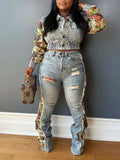 Women's Printed Patchwork Denim Jacket & Wide-Leg Pants Set