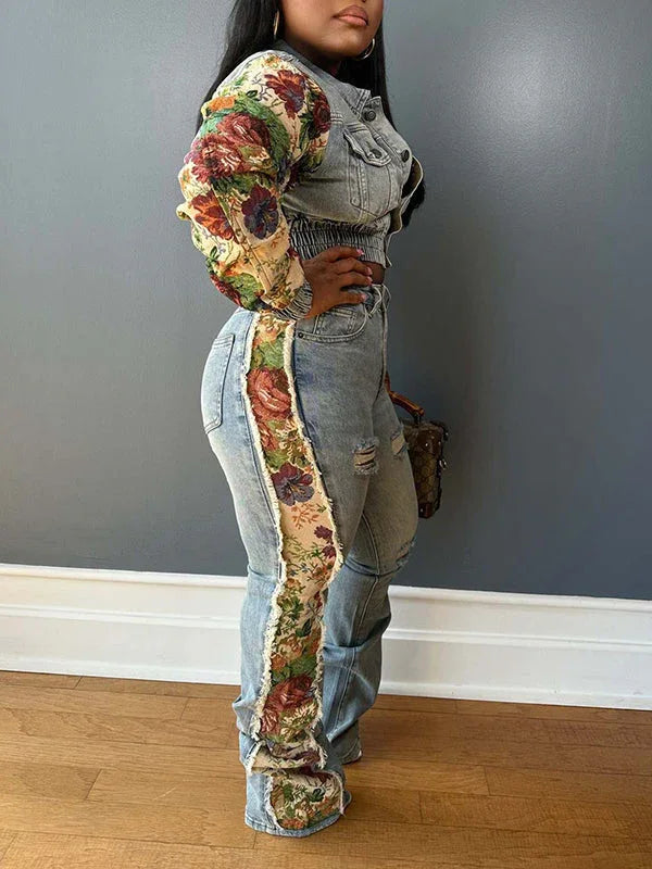 Women's Printed Patchwork Denim Jacket & Wide-Leg Pants Set