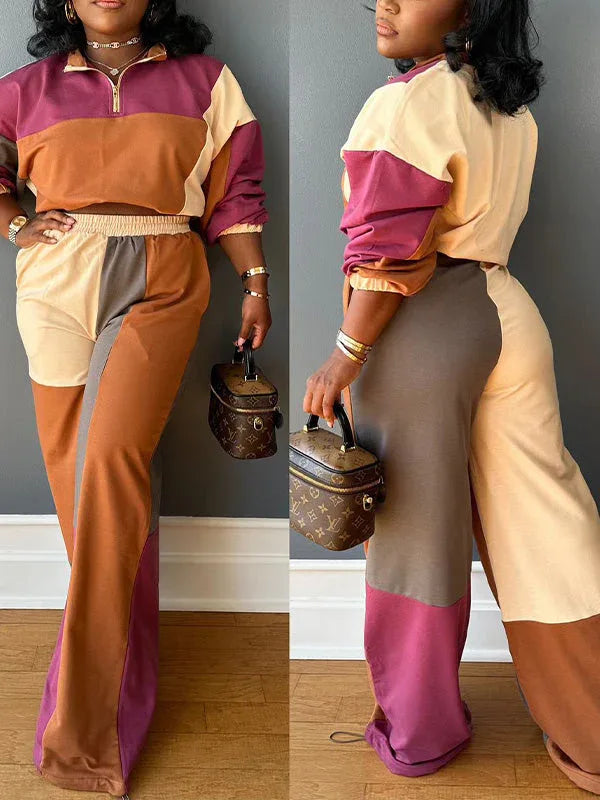 Women's Colorblock Zip-Front Crop Top & Straight Pants Set