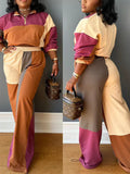 Women's Colorblock Zip-Front Crop Top & Straight Pants Set