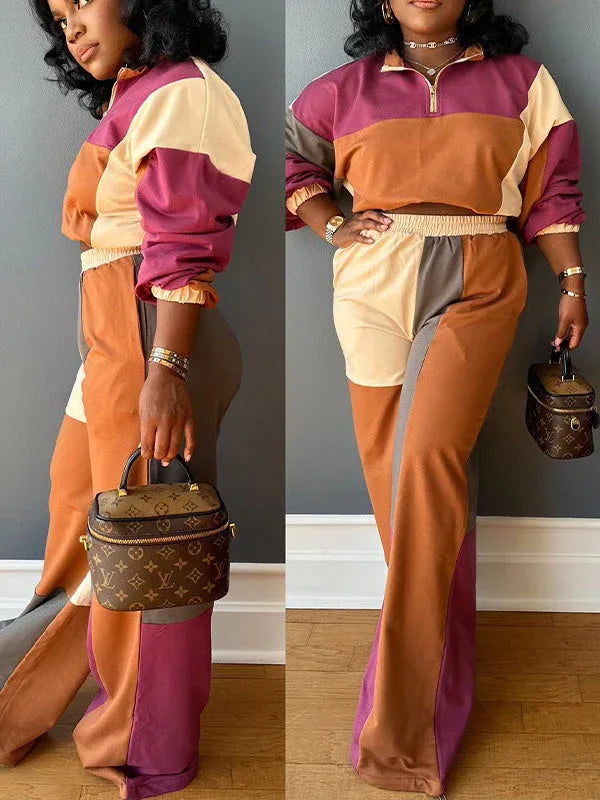 Women's Colorblock Zip-Front Crop Top & Straight Pants Set