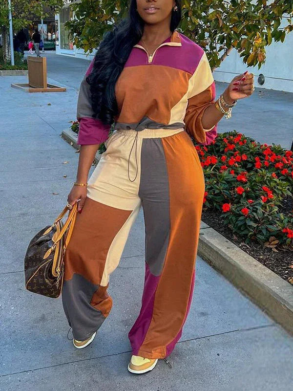 Women's Colorblock Zip-Front Crop Top & Straight Pants Set