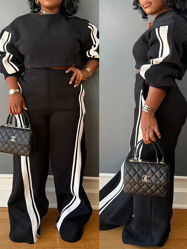 Women's Striped Casual Sweatshirt & Relaxed Wide-Leg Pants Set